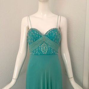 badgley mischka blue embellished silk maxi dress